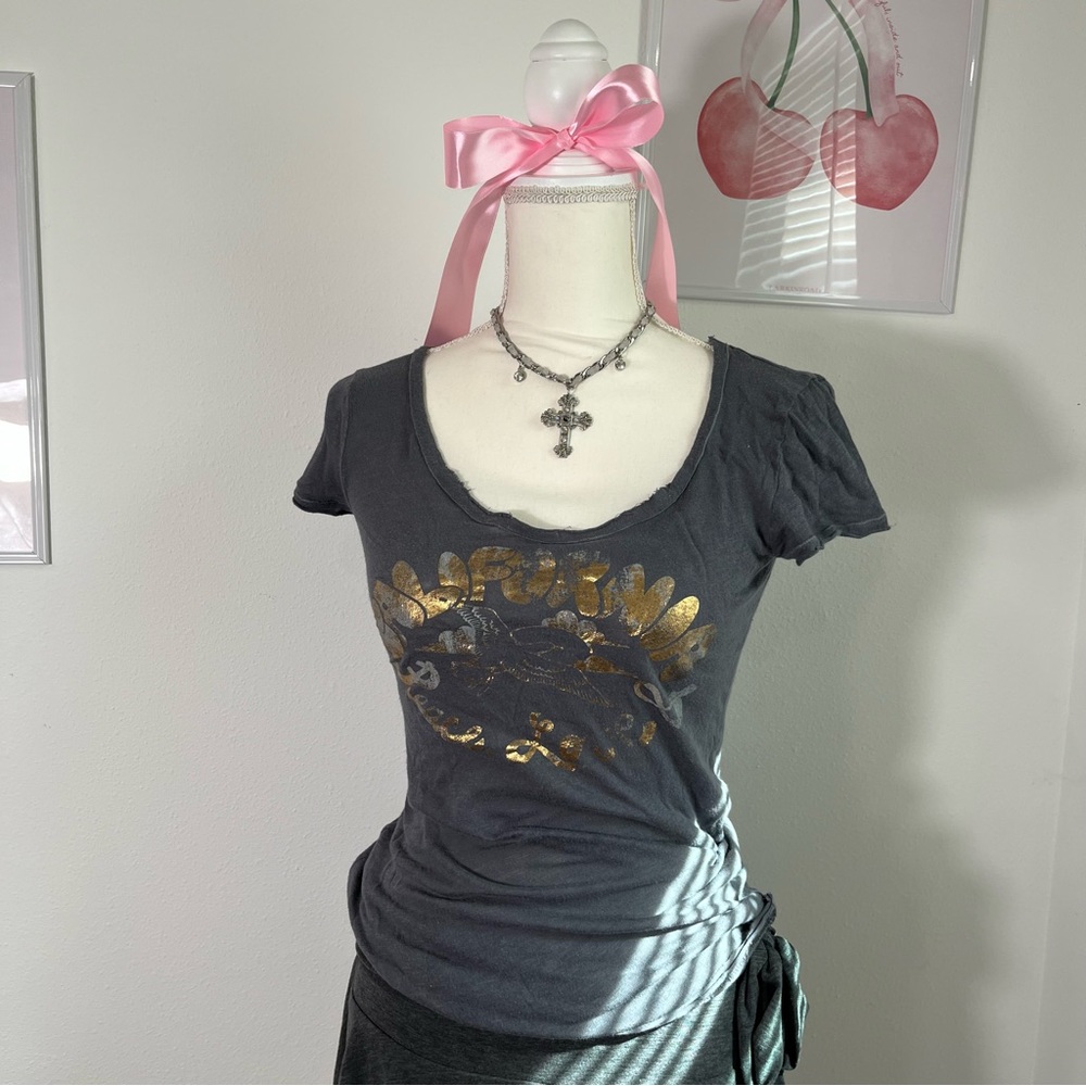 Hollister Vtg Y2K Baby Tee‎ Blue Gray Preppy Bella Swan Tight Womens Size M